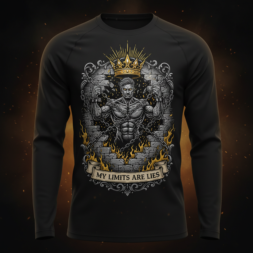 Black long-sleeve tee featuring a crowned, muscular figure breaking chains with "MY LIMITS ARE LIES" motivational text.