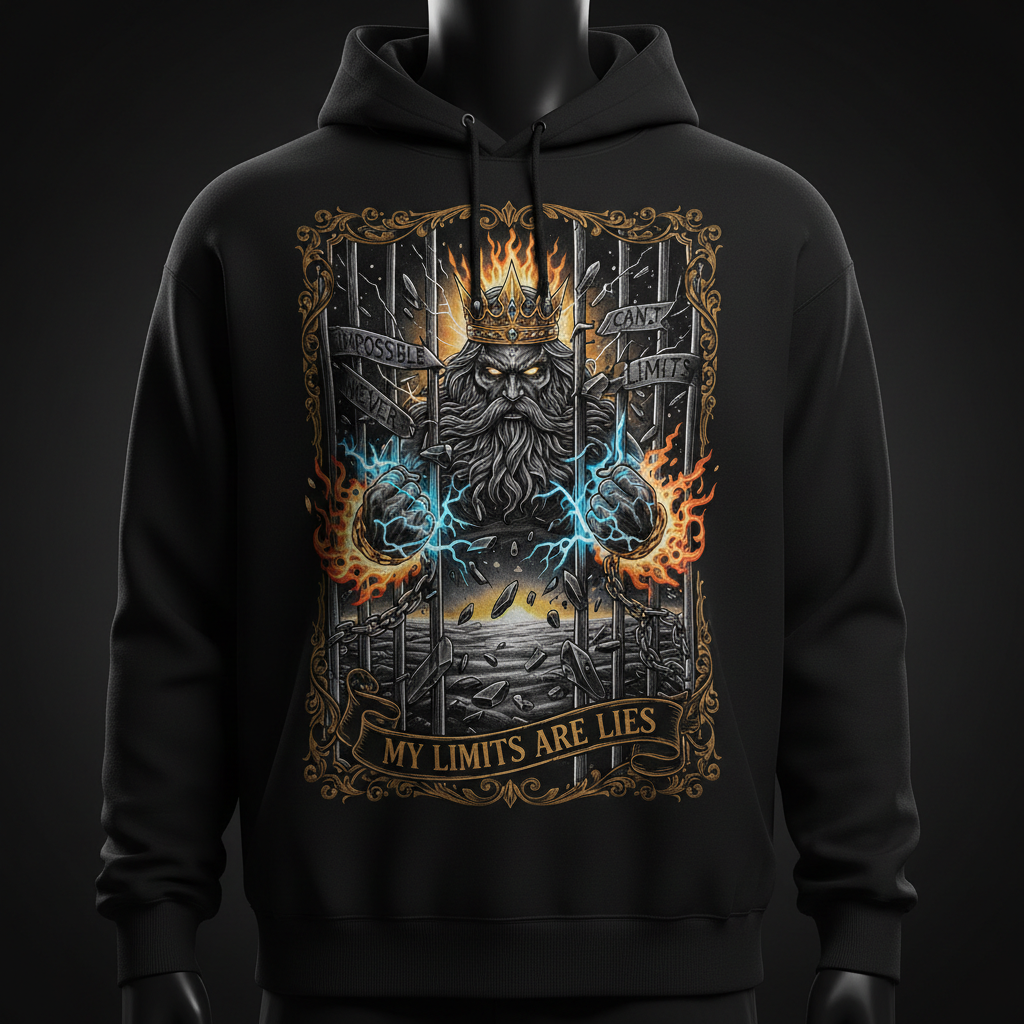 Black hoodie featuring a king breaking through prison bars with fiery electric power and "My Limits Are Lies" text.
