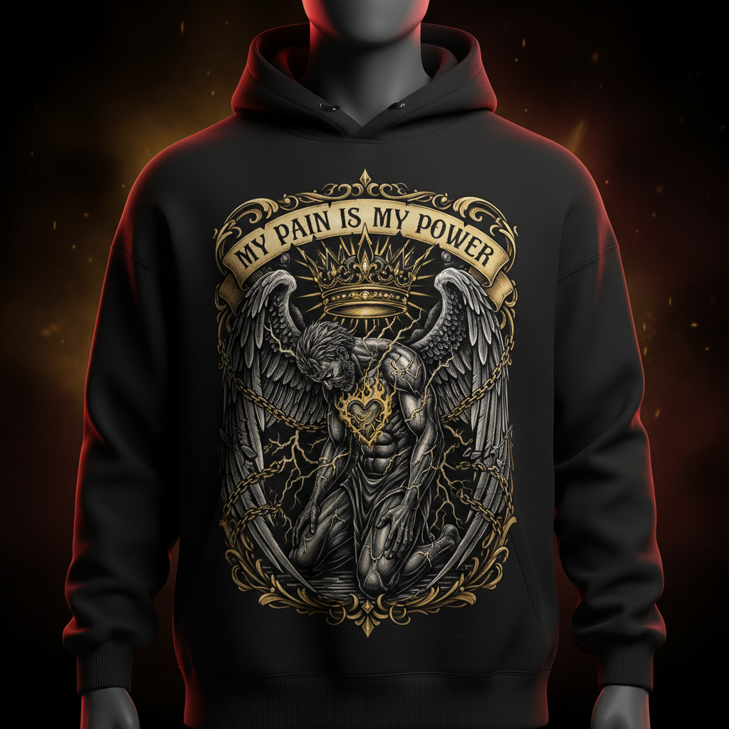 Black hoodie featuring a winged figure, a golden crown, and the motivational text "My Pain Is My Power."