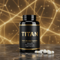 Black bottle of TITAN NAD+ Booster with gold text on marble surface, surrounded by white capsules with gold bands.