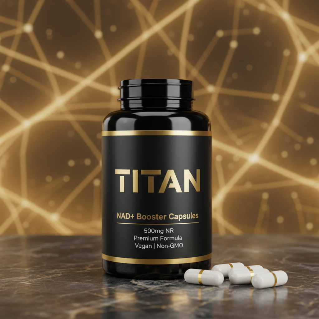 Black bottle of TITAN NAD+ Booster with gold text on marble surface, surrounded by white capsules with gold bands.