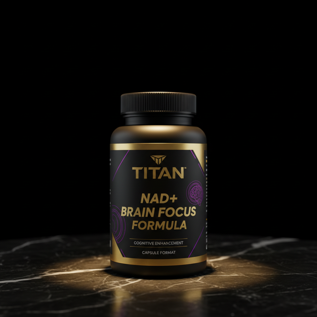 Black supplement bottle with gold text "TITAN NAD+ BRAIN FOCUS FORMULA" on a dark marble surface against black background.