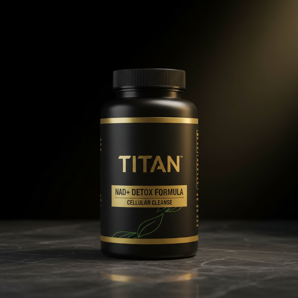 Black bottle of TITAN NAD+ Detox Formula with gold text and leaf design on a dark marble surface.