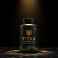 Black supplement bottle with gold "TITAN" logo, NAD+ Gut Health text, and green microbe graphics on marble surface.
