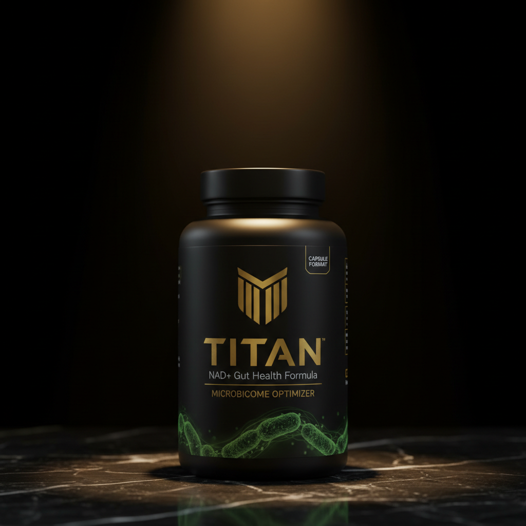 Black supplement bottle with gold "TITAN" logo, NAD+ Gut Health text, and green microbe graphics on marble surface.