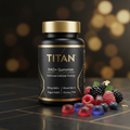 Black bottle of TITAN NAD+ Gummies with gold cap and accents, displayed with fresh mixed berries on a dark grid surface.