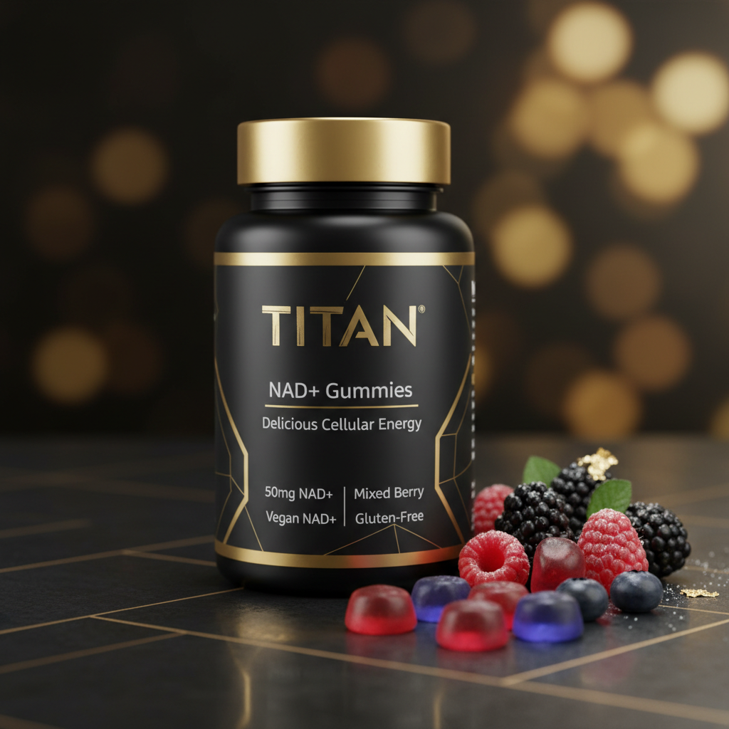 Black bottle of TITAN NAD+ Gummies with gold cap and accents, displayed with fresh mixed berries on a dark grid surface.