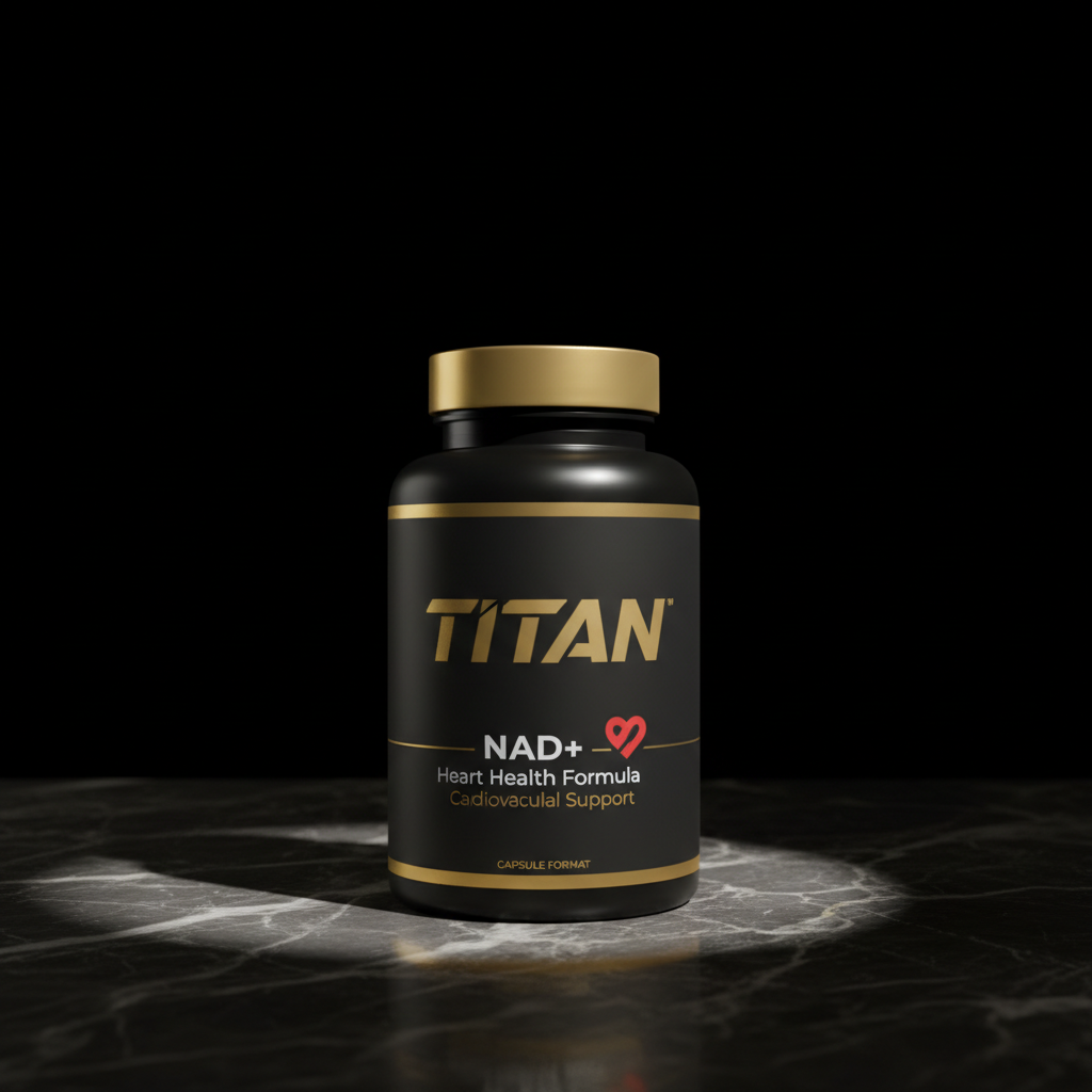 Black supplement bottle with gold cap and accents, featuring Titan NAD+ Heart Health branding on a marble surface.