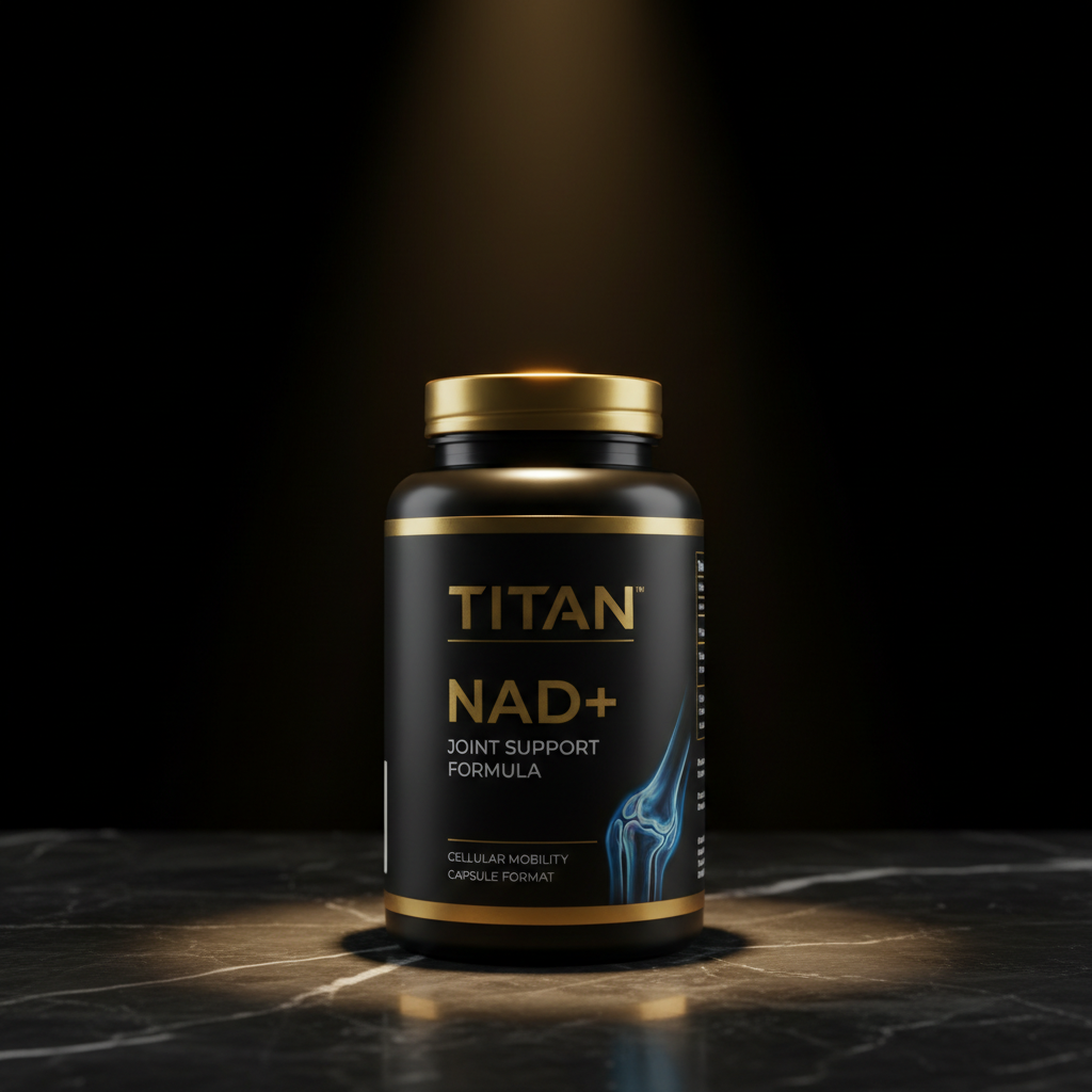 Black supplement bottle with gold cap and text, featuring a blue joint graphic, set on dark marble under a spotlight.