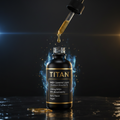 TITAN NAD+ supplement bottle with dropper, gold liquid, and glowing blue aura on a black reflective surface.
