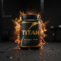 Black tub of Titan NAD+ pre-workout surrounded by golden energy sparks on a wet, dark gym floor.