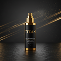 TITAN NAD+ gold and black spray bottle on textured surface with gold mist particles and elegant light streaks.