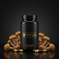 Black bottle of Titan Nameko Mushrooms with gold logo, surrounded by clusters of brown mushrooms and capsule pills.