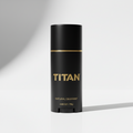 Matte black cylindrical Titan deodorant stick with gold branding and thin gold trim on a white background.