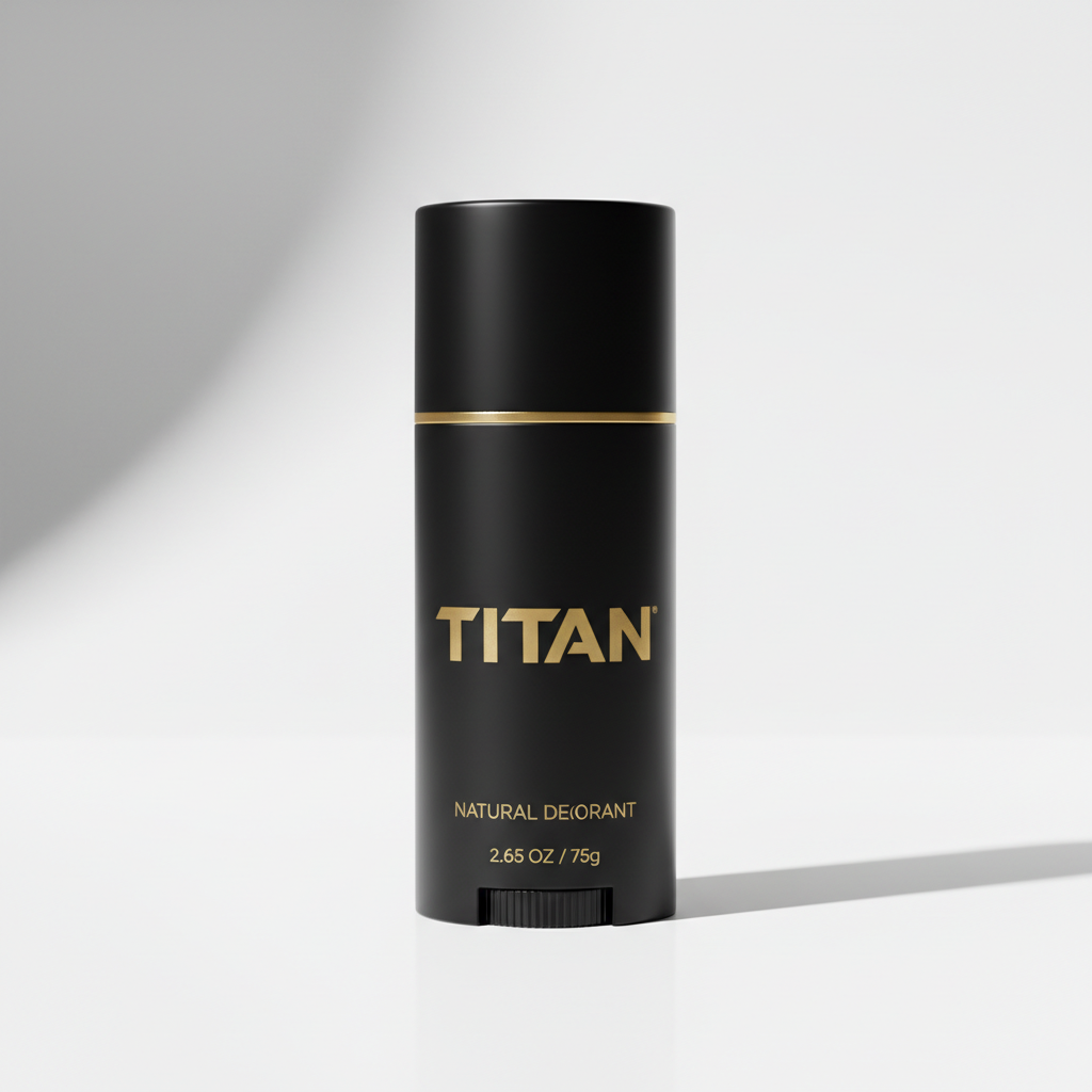 Matte black cylindrical Titan deodorant stick with gold branding and thin gold trim on a white background.