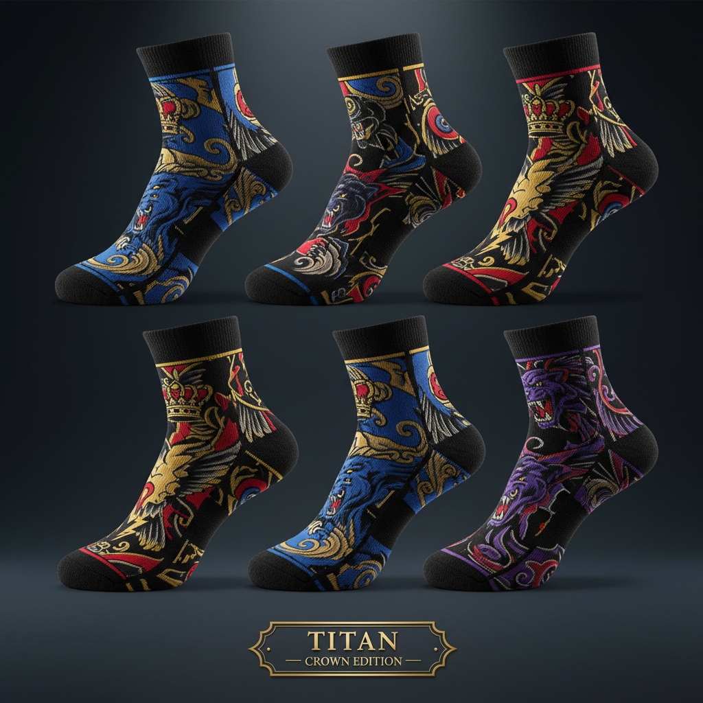Six TITAN athletic socks with intricate, colorful, crown and mythical creature designs on a dark background.