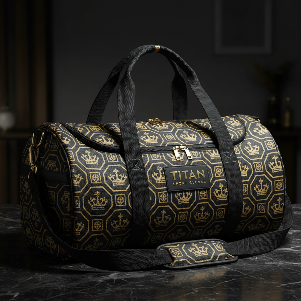 TITAN Obsidian Crown duffel in black and gold with a hexagonal crown monogram pattern, black straps, and gold zippers.