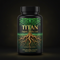 Black bottle of Titan Organic Alfalfa Leaf with gold text and a graphic of a tree with deep, detailed roots.