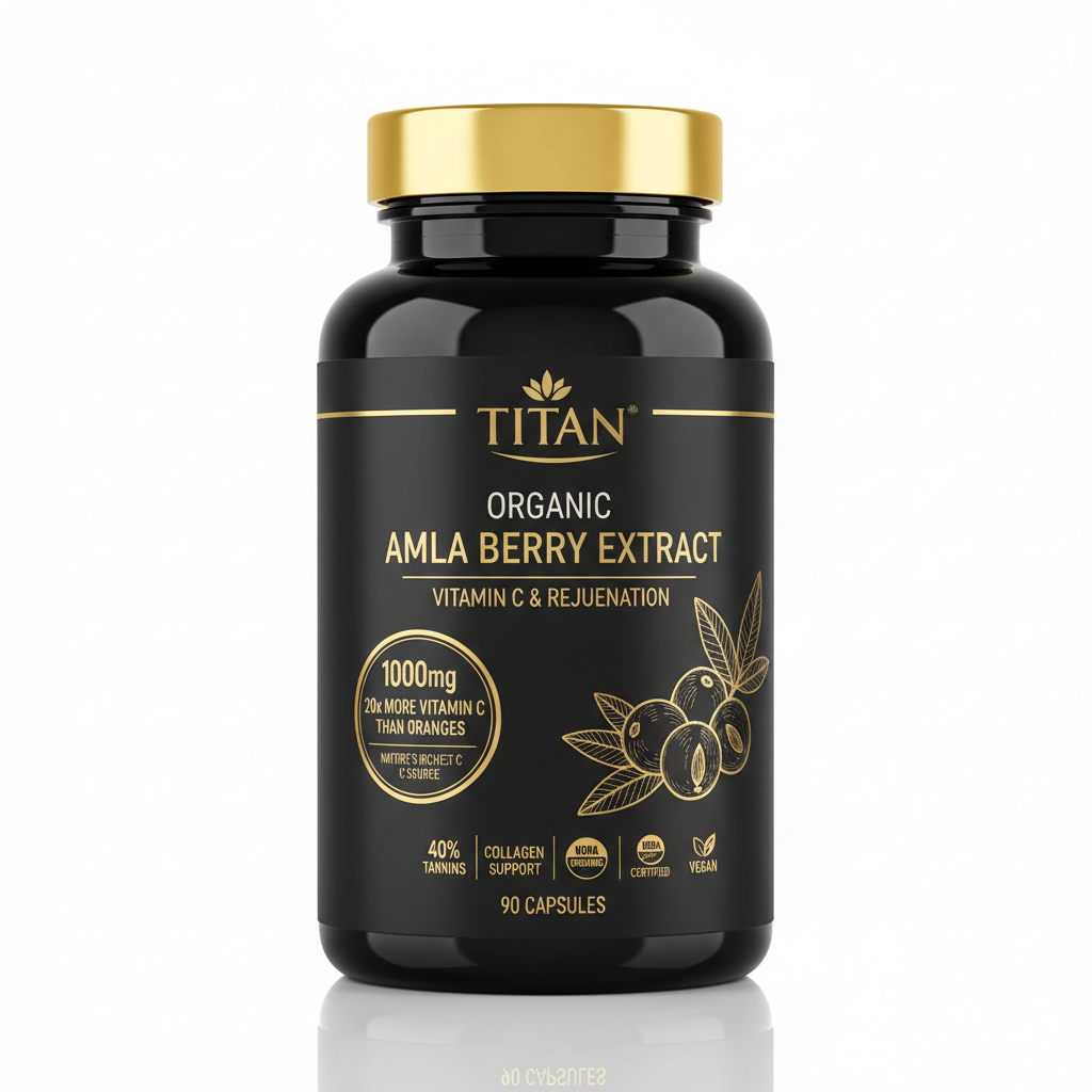 Black supplement bottle with gold cap and label, featuring Amla berry graphic, gold text, and 90 capsules count.