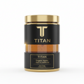 TITAN Organic Raw Honey jar with gold lid, black labels featuring gold text and logo, isolated on a white background.