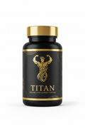 Black bottle with gold cap and label featuring a gold muscular figure, the text TITAN, and joint support branding.