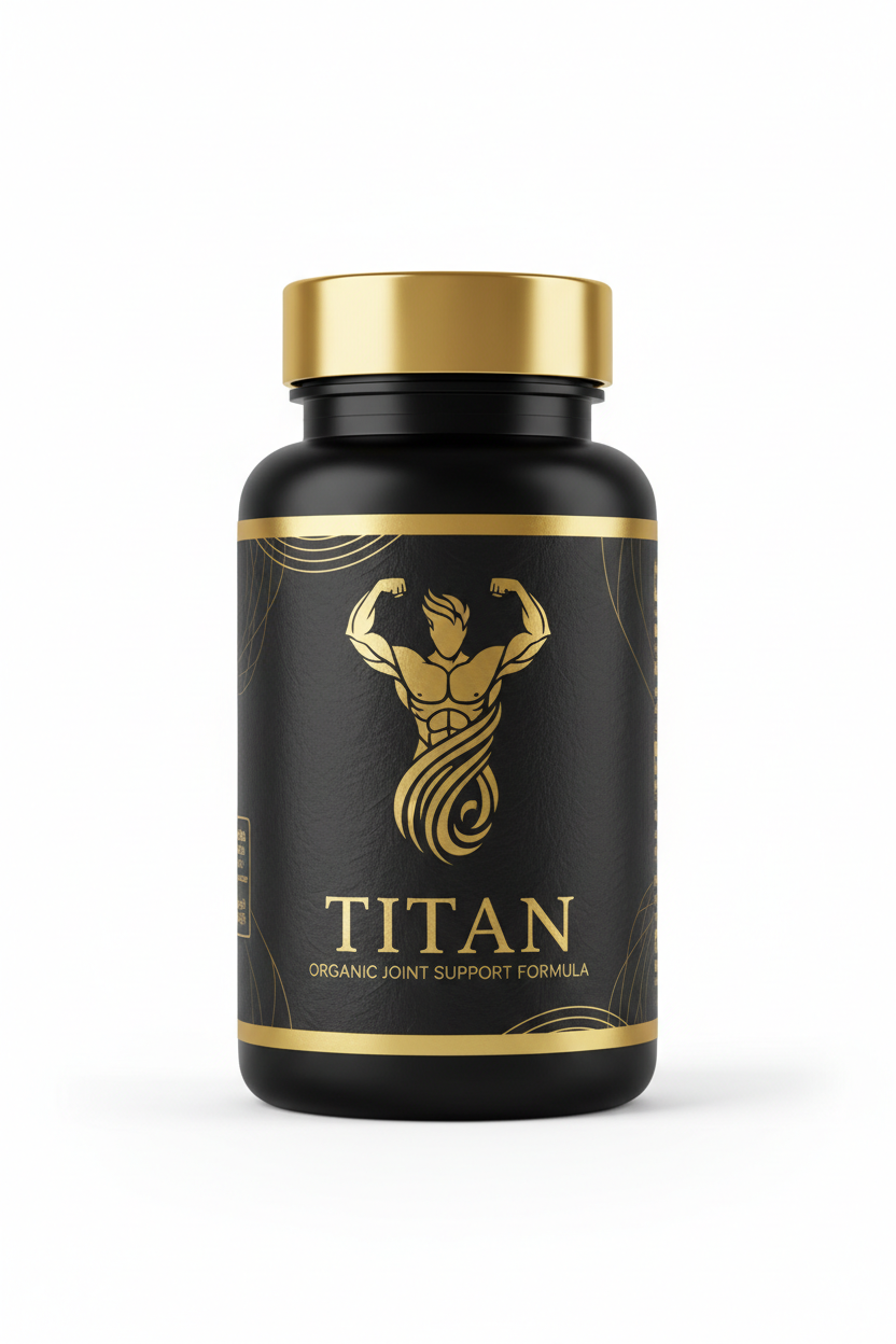 Black bottle with gold cap and label featuring a gold muscular figure, the text TITAN, and joint support branding.