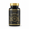 Black bottle with gold cap and label, featuring TITAN Organic Noni Fruit Extract text, gold leaf graphics, 90 capsules.