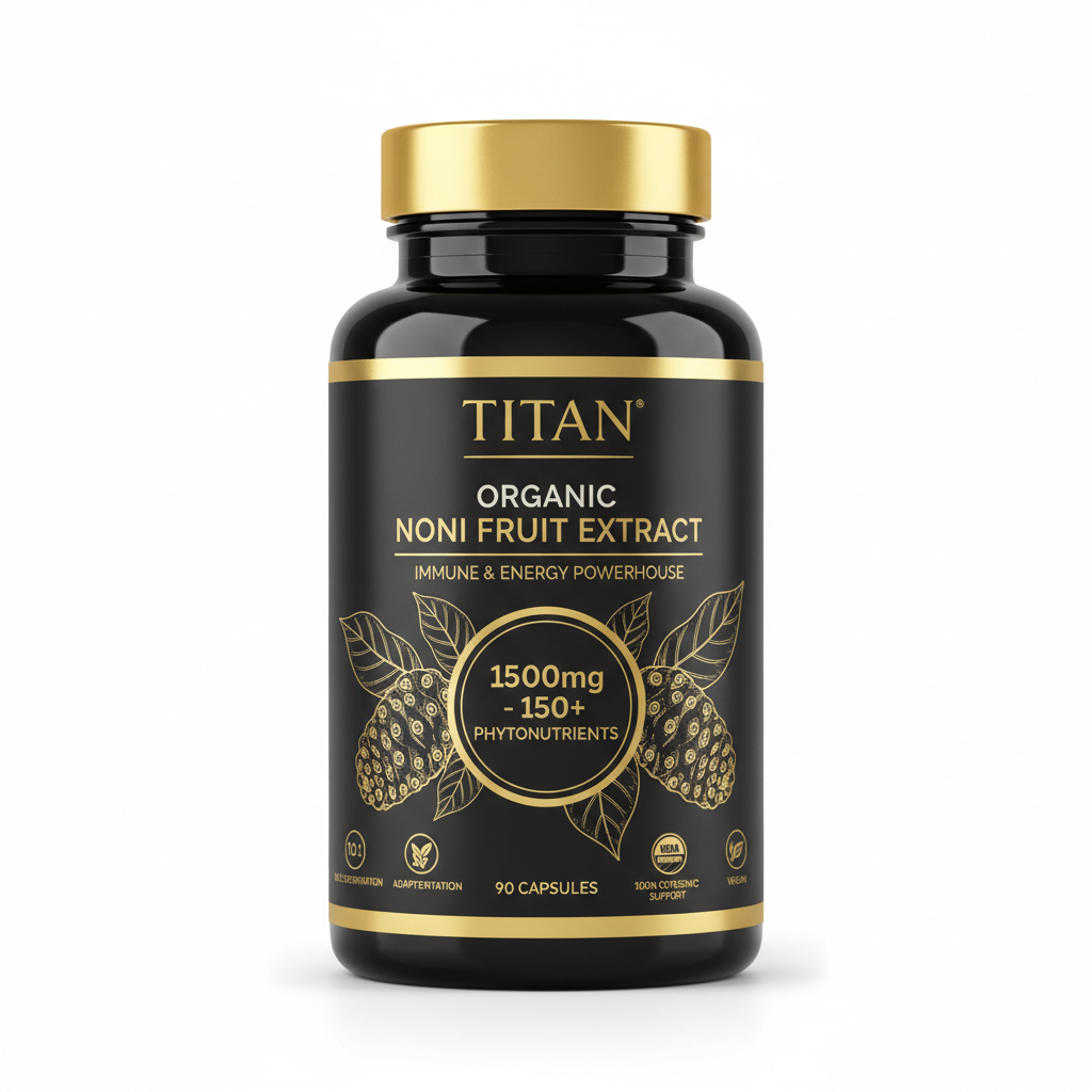 Black bottle with gold cap and label, featuring TITAN Organic Noni Fruit Extract text, gold leaf graphics, 90 capsules.