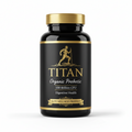 Black supplement bottle with gold cap, Titan logo, and "100 Billion CFU Organic Probiotic" label on white background.
