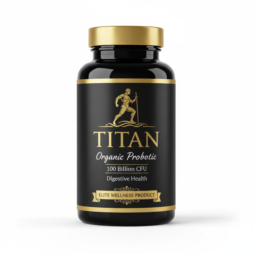 Black supplement bottle with gold cap, Titan logo, and "100 Billion CFU Organic Probiotic" label on white background.