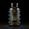 Black bottle with gold text, lion logo, and glowing blue circular accents. Contains green and tan capsules.