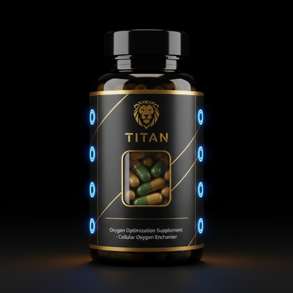 Black bottle with gold text, lion logo, and glowing blue circular accents. Contains green and tan capsules.