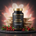 Black TITAN Oyster Mushroom supplement bottle with gold text, flanked by mushrooms and red berries on a stone base.