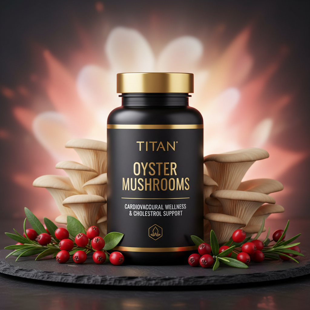 Black TITAN Oyster Mushroom supplement bottle with gold text, flanked by mushrooms and red berries on a stone base.