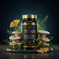 TITAN Oyster Mushroom supplement bottle with gold accents, surrounded by mushrooms, leaves, and a gold heart on dark.