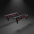 Black low parallette bars featuring colorful side panels with crown, muscle, and barbell graphic illustrations.