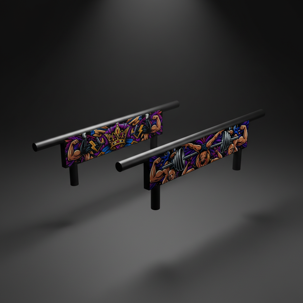 Black low parallette bars featuring colorful side panels with crown, muscle, and barbell graphic illustrations.