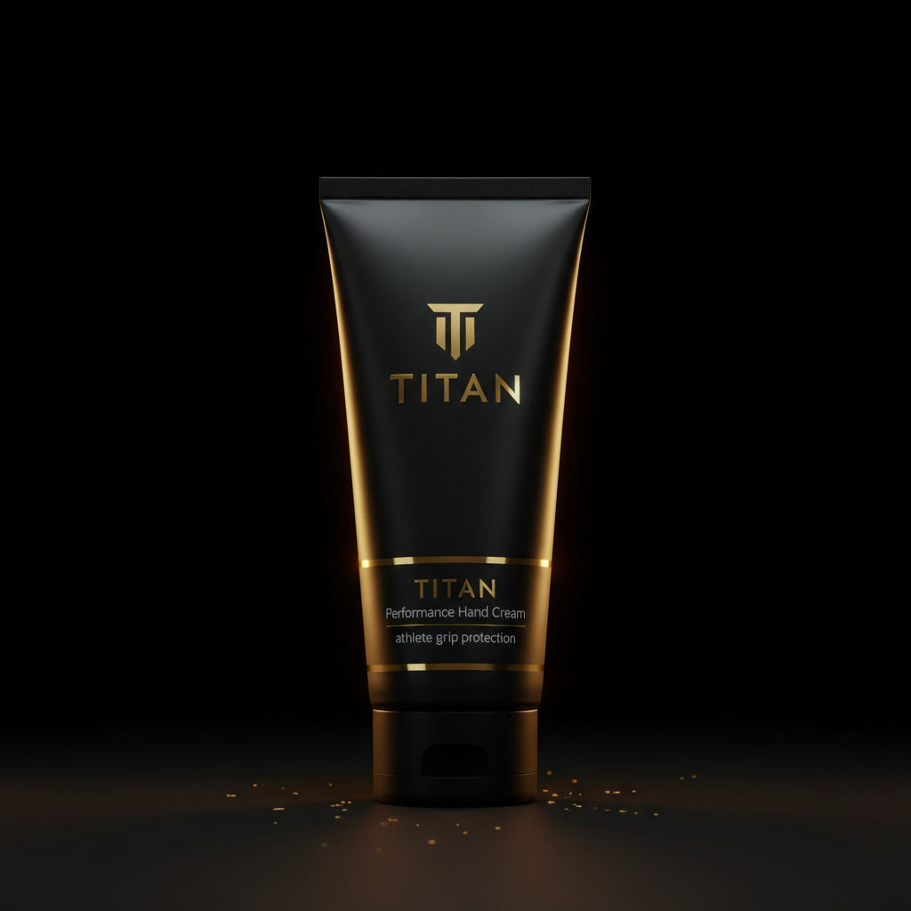 Matte black tube of Titan Performance Hand Cream with gold logo and text, set against a dark background with gold dust.