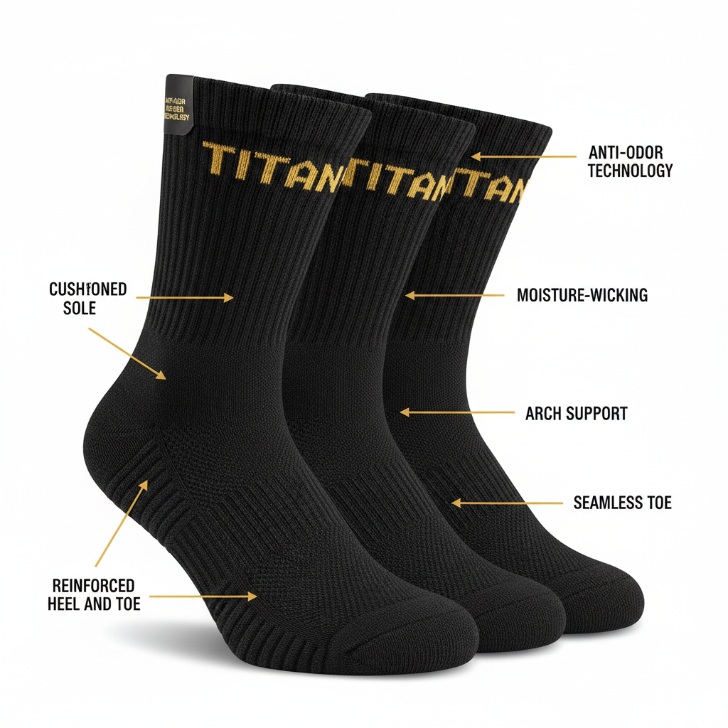 Three black TITAN performance crew socks with gold logo, labeled with features like cushioned sole and arch support.