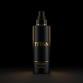 Matte black pump bottle with gold "TITAN" logo, accent ring, and "Performance Sunscreen SPF 50" text on dark background.