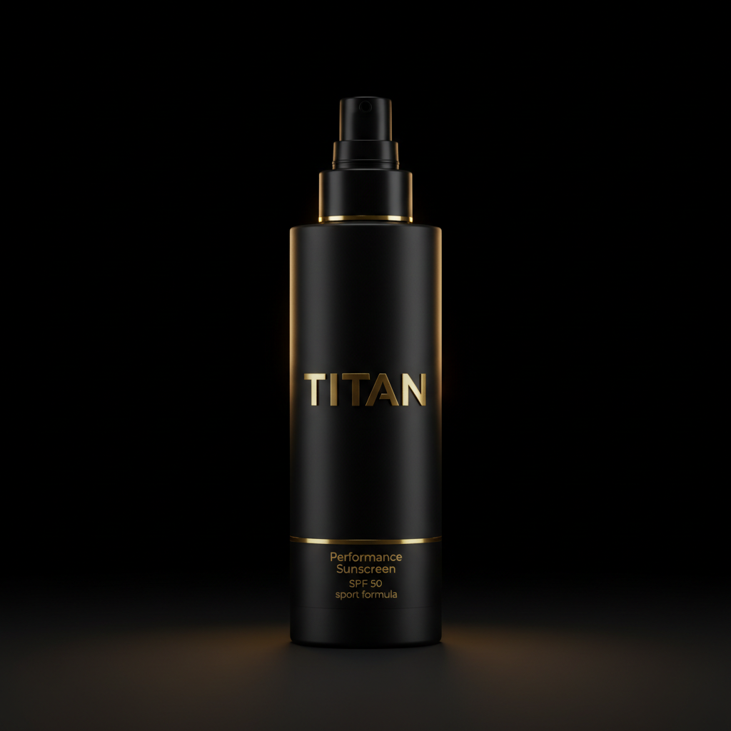 Matte black pump bottle with gold "TITAN" logo, accent ring, and "Performance Sunscreen SPF 50" text on dark background.