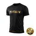 Black short-sleeve performance t-shirt with gold TITAN logo on chest and gold text details on lower hem.