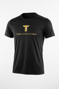 Black athletic performance crew-neck t-shirt with gold TITAN SPORT GLOBAL logo on chest and textured side panels.