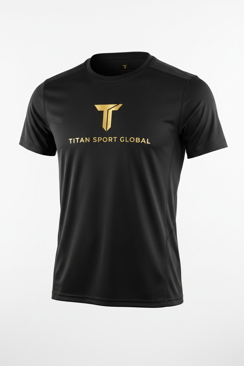 Black athletic performance crew-neck t-shirt with gold TITAN SPORT GLOBAL logo on chest and textured side panels.