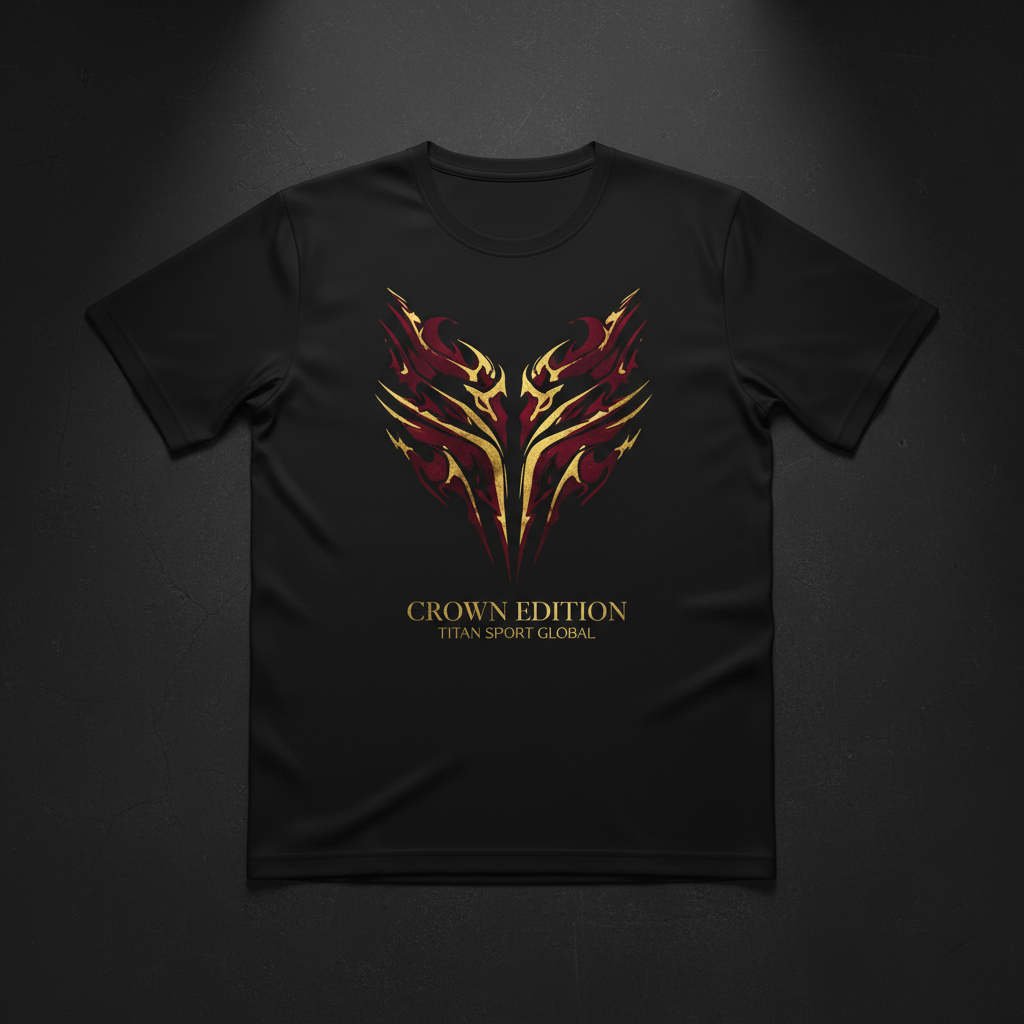Black moisture-wicking T-shirt with gold and burgundy tribal graphic, featuring "CROWN EDITION" text on the chest.
