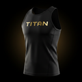 Black TITAN performance tank top with metallic gold lettering, featuring textured athletic fabric and side panels.