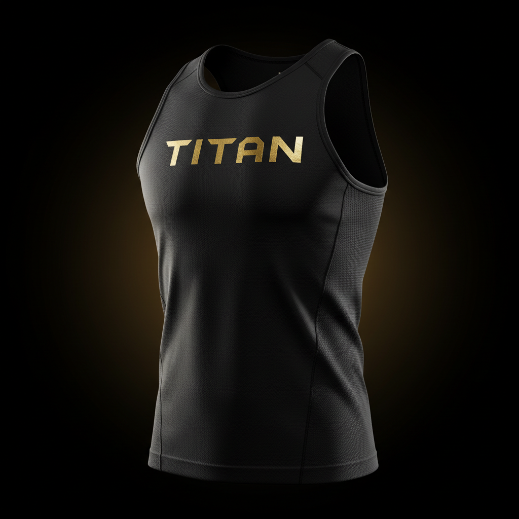 Black TITAN performance tank top with metallic gold lettering, featuring textured athletic fabric and side panels.