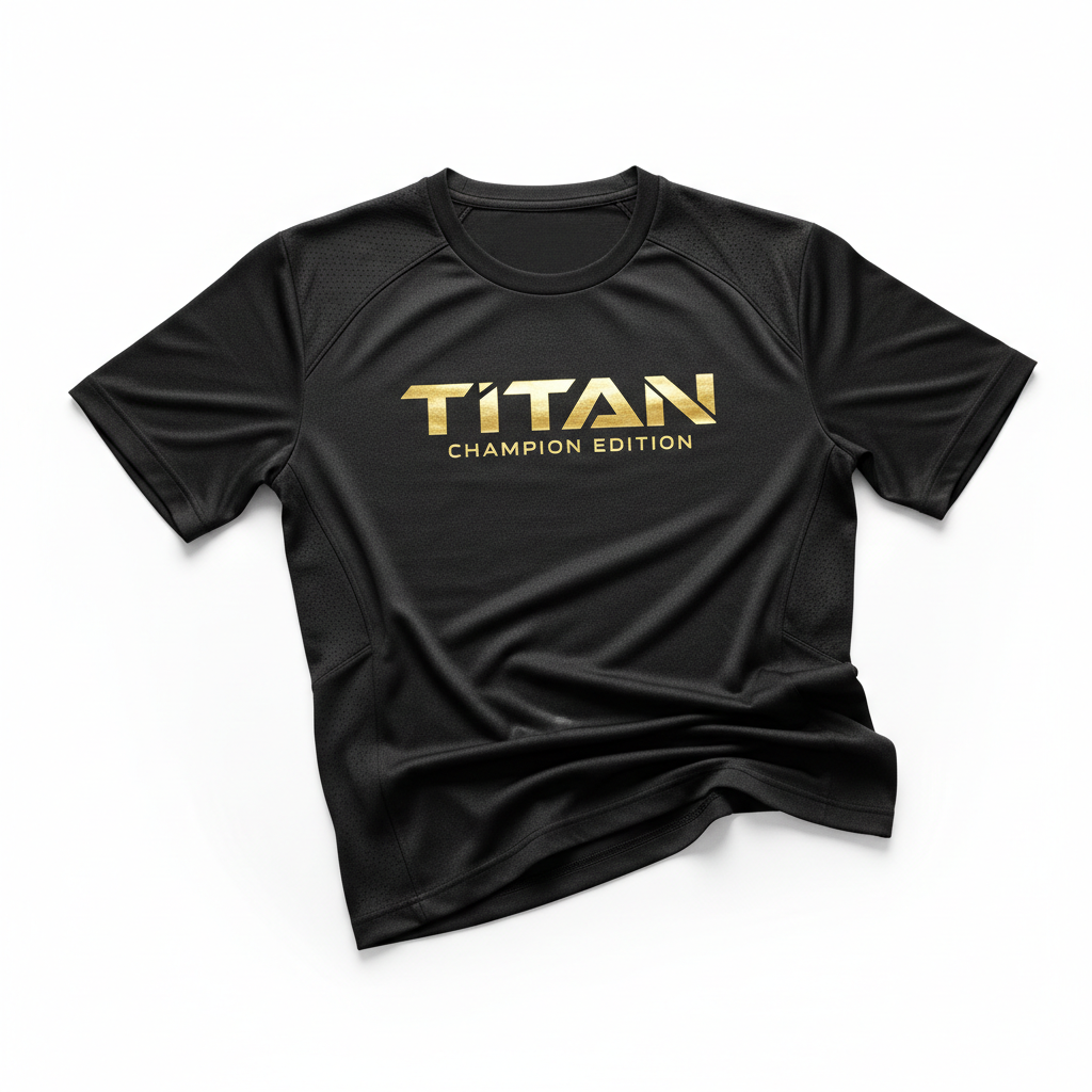 Black athletic performance t-shirt with metallic gold "TITAN CHAMPION EDITION" chest logo and mesh side panels.