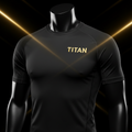Black short-sleeve moisture-wicking performance shirt on a mannequin, featuring a gold TITAN logo on the chest.