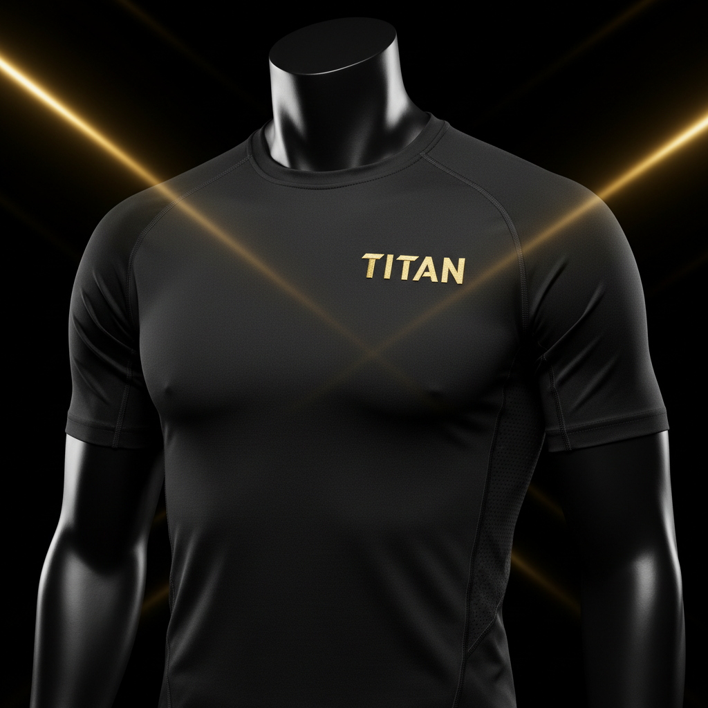 Black short-sleeve moisture-wicking performance shirt on a mannequin, featuring a gold TITAN logo on the chest.